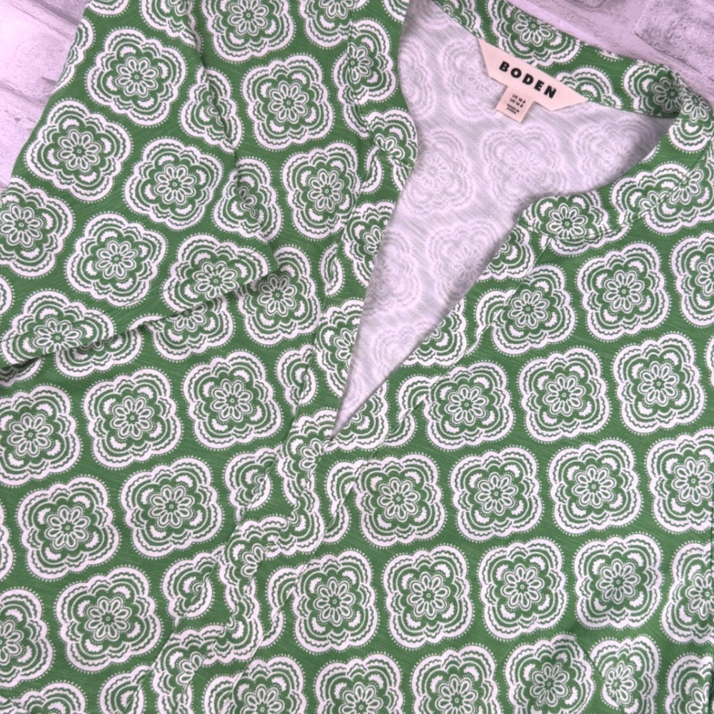 Boden Dress Womens 14R Green White Floral Geometric Short Sleeve Pockets EUC